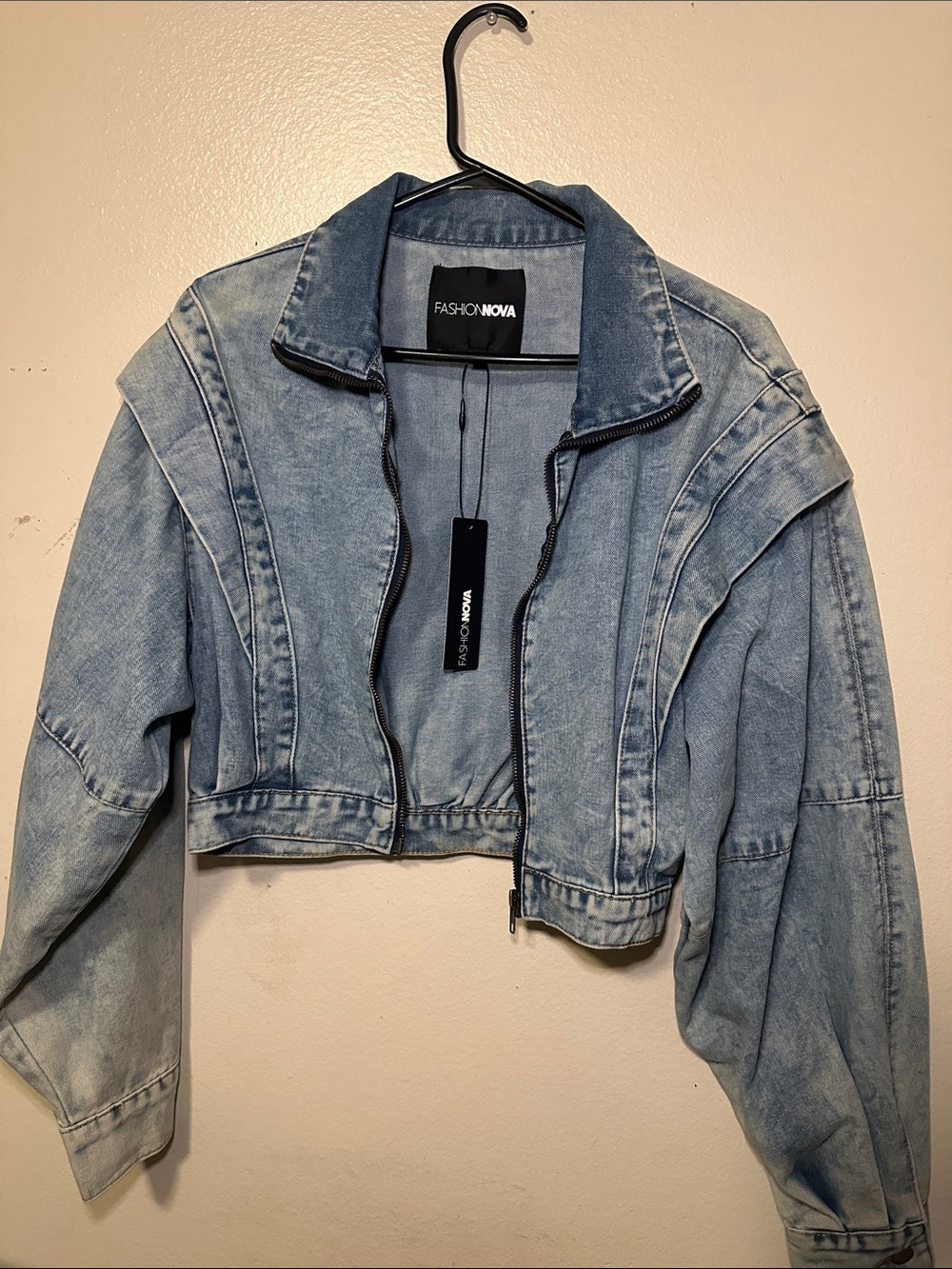 Fashion Nova Washed Light Blue Denim Bomber Jacket